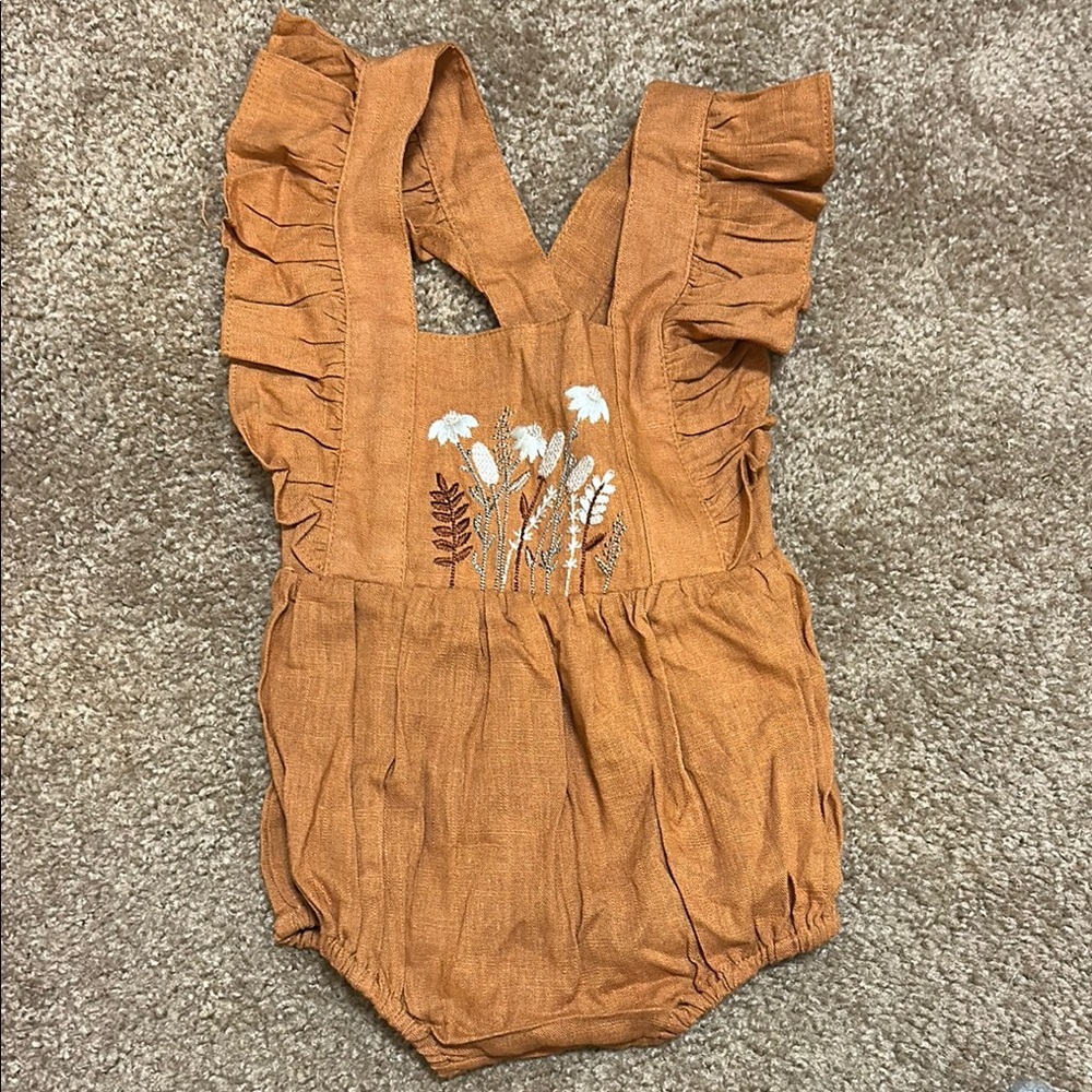Rust Orange Baby Romper with Floral Embroidery